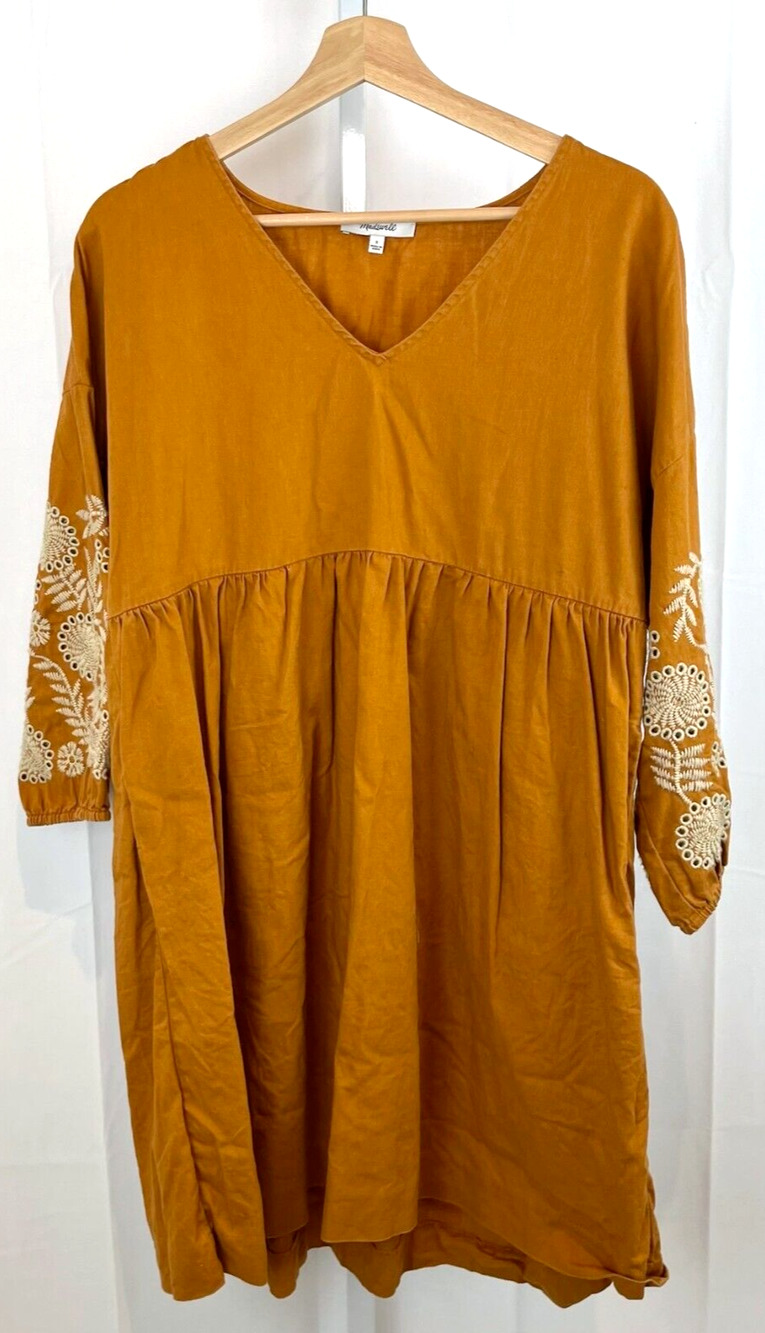 MADEWELL Embroidered Sleeve Popover Dress Linen Cotton AL302 Orange Size S